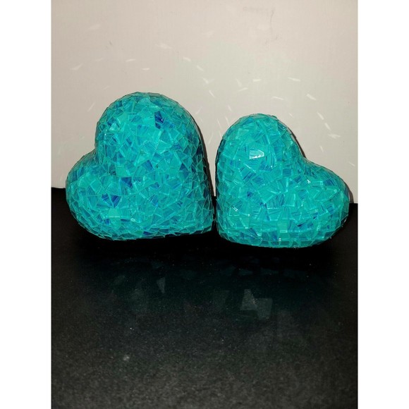 Vintage Teal Mosaic Art Glass Hearts Set Of 2 Tabletop 6"+ 5" Paperweight Decor - Picture 2 of 11